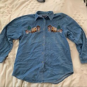 Novelty cowboy cat denim button up